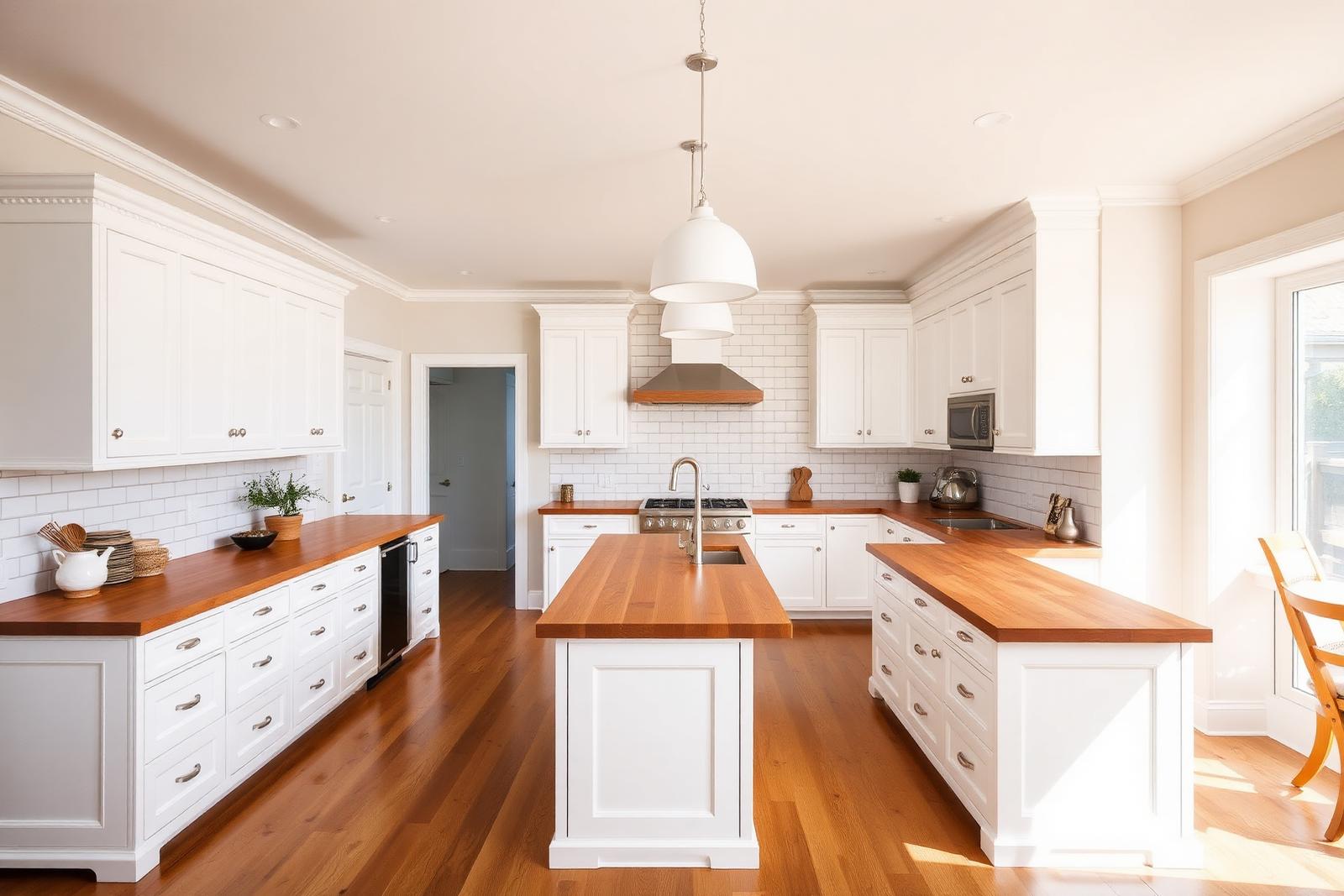 Long white shaker island topped with a warm butcher-block counter, integrated appliances and white pendant lighting in an open-plan kitchen.