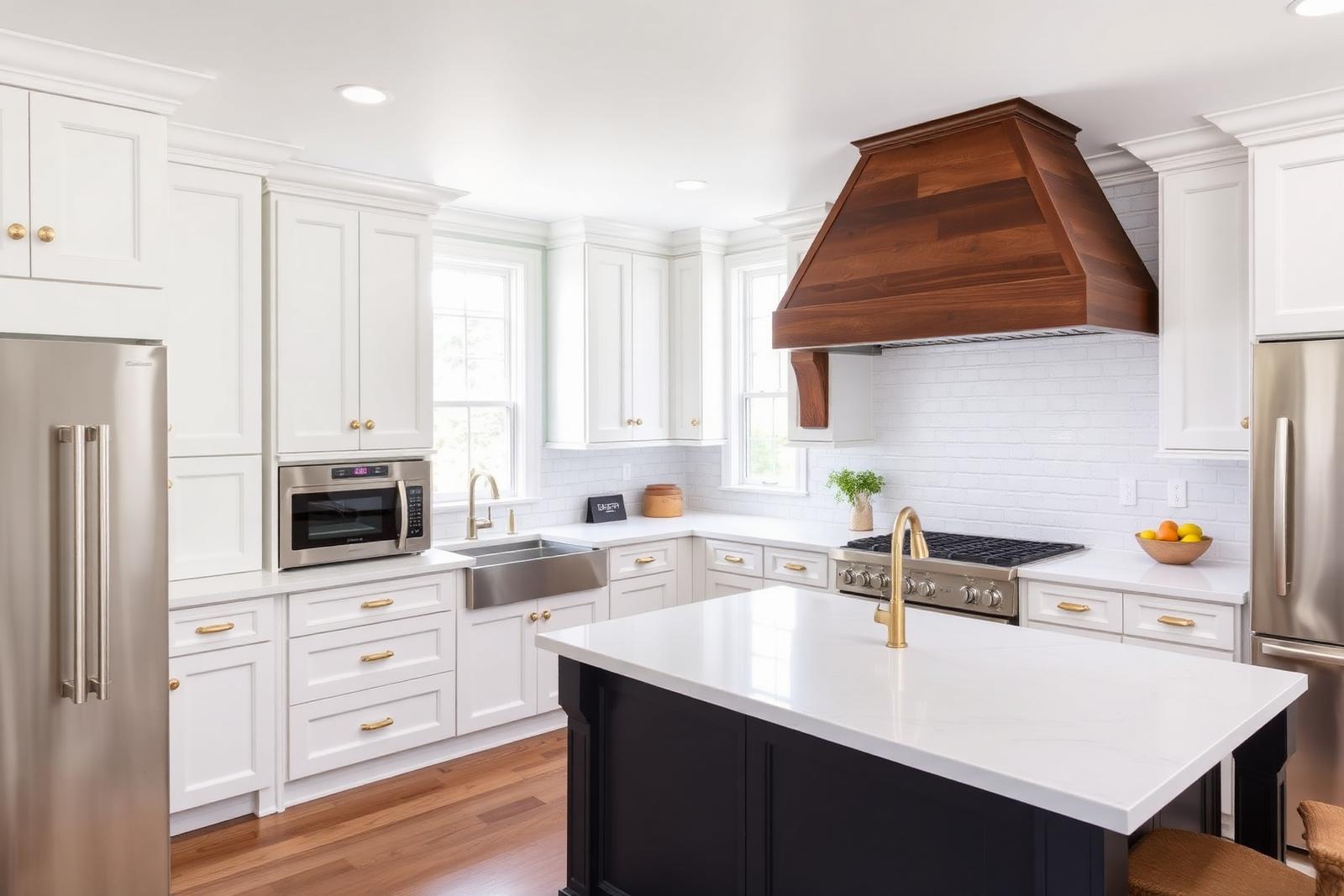 Coastal kitchen with white shaker perimeter cabinets, a charcoal shiplap island, white quartz counters, wood range hood and marble-look tile backsplash.
