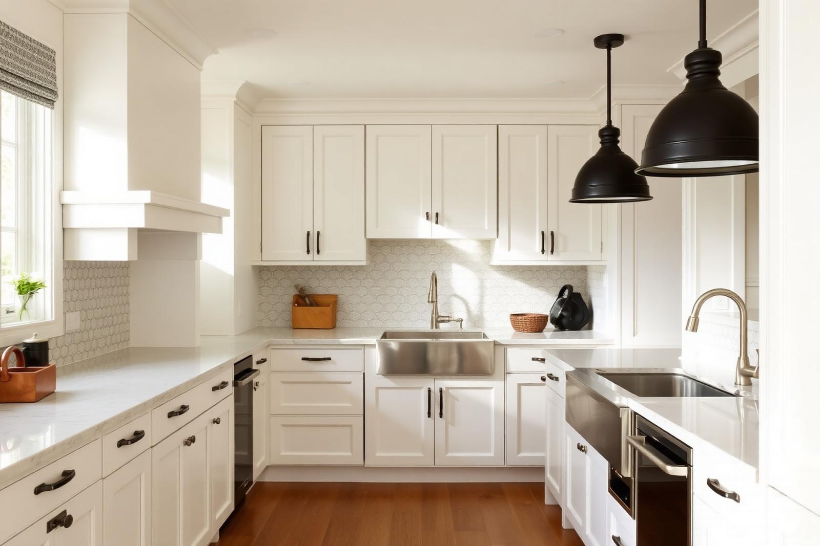 Bright galley-style kitchen with white shaker cabinets, quartz counters, arabesque tile backsplash, undermount sink and black barn-style pendant lights.
