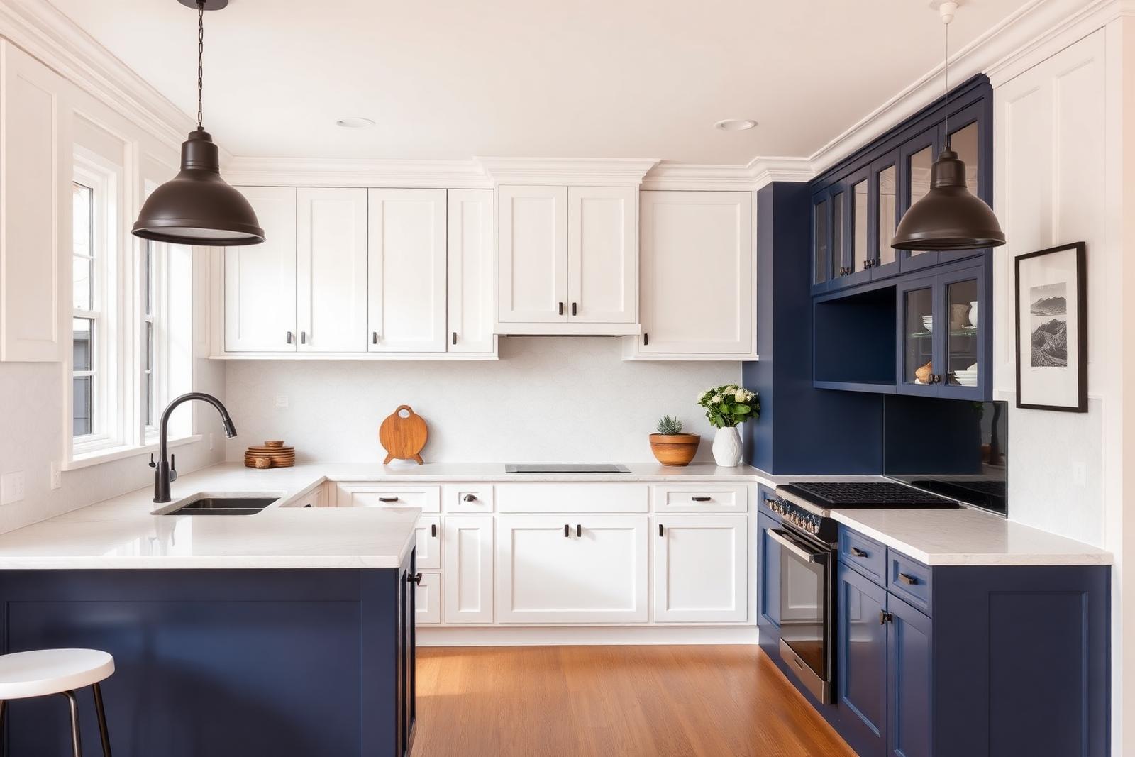 Two-tone kitchen renovation with white perimeter cabinets, a deep navy island with glass-front lower cabinets, quartz counters and matte-black pendant lighting.