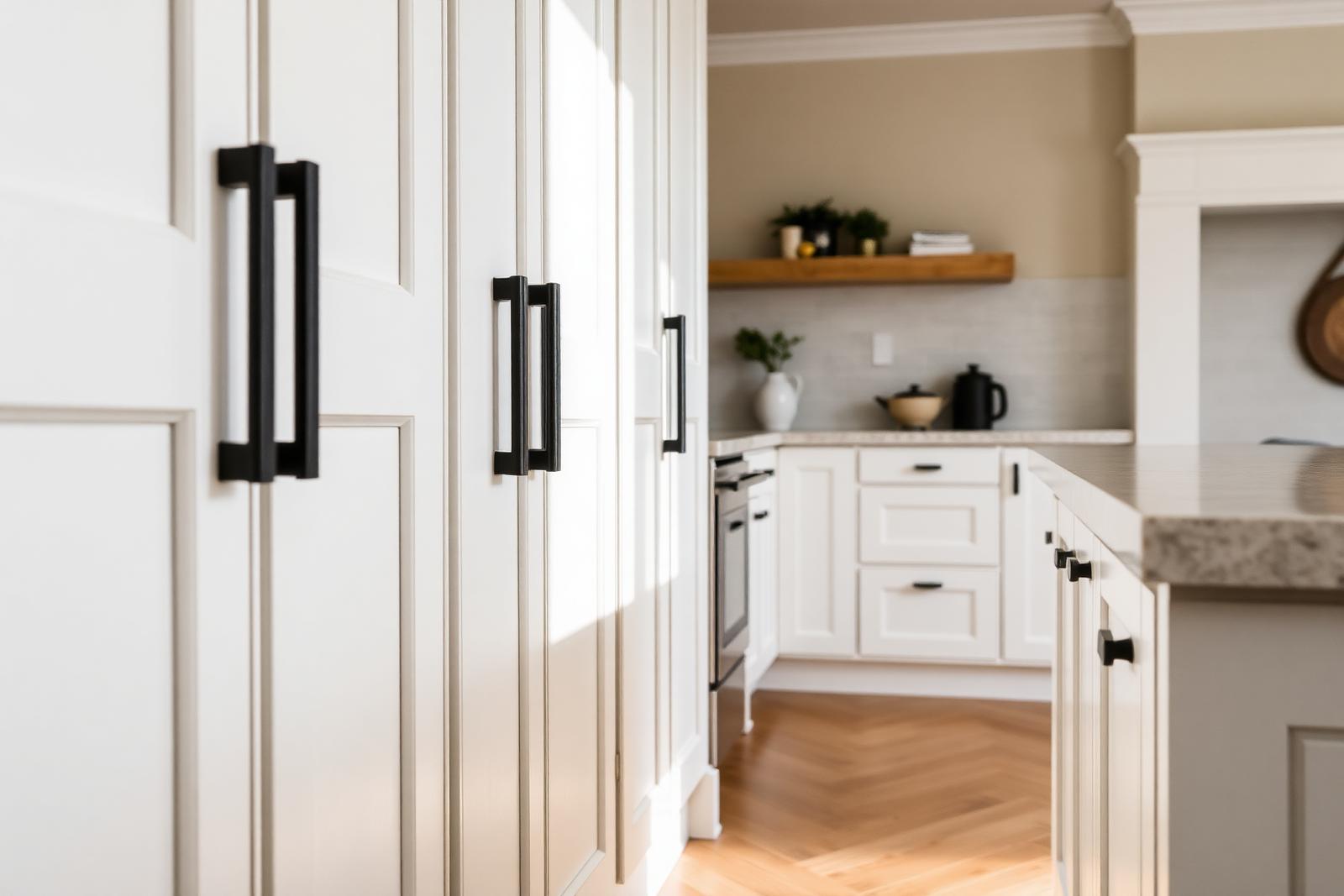 Detail of a crisp white shaker cabinet run with matte-black pull hardware and light oak plank flooring.